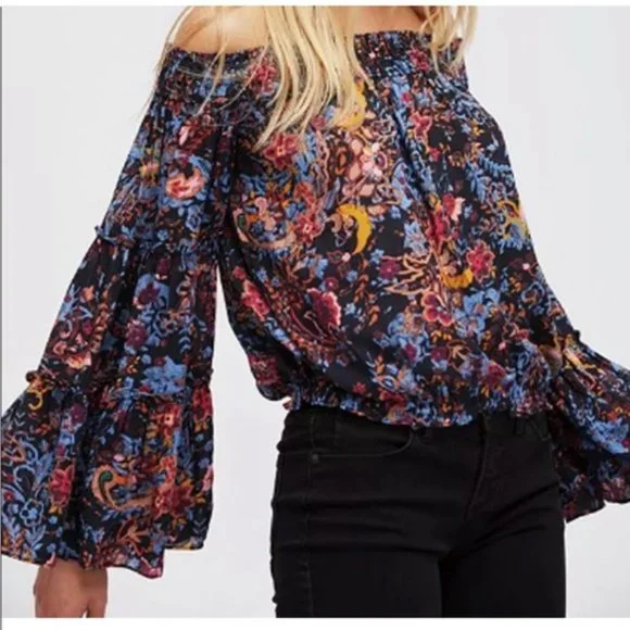Free People Free Spirited Off The Shoulder Top Bell Sleeve Boho Floral Blouse XS - Picture 4 of 15